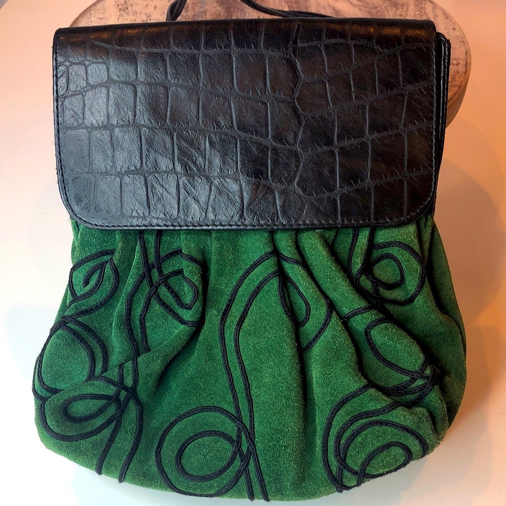 Vintage Green Suede Swirl Accents Black Leather Shoulder Bag Clutch Purse EUC